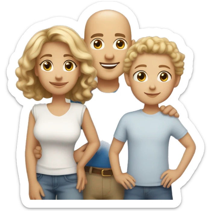 family, all light skinned, dad bald, mom light brown short curly hair, son blond short short curly hair,  and daughter dark blond shoulder length hair all have blue eyes don't need bodies sticker