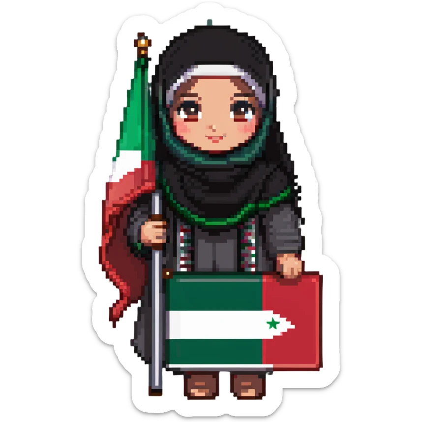 a hijab-wearing girl wearing the Palestinian keffiyeh and holding the Oman flag, pixel art style sticker