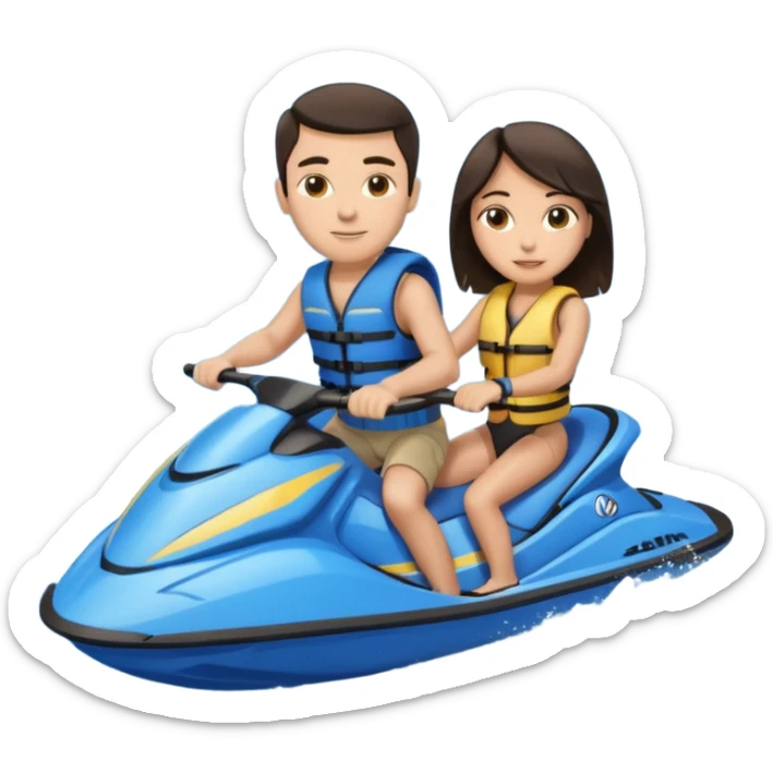 Light tan male dark hair & light tan female dark hair on a blue jet ski no sunglasses sticker