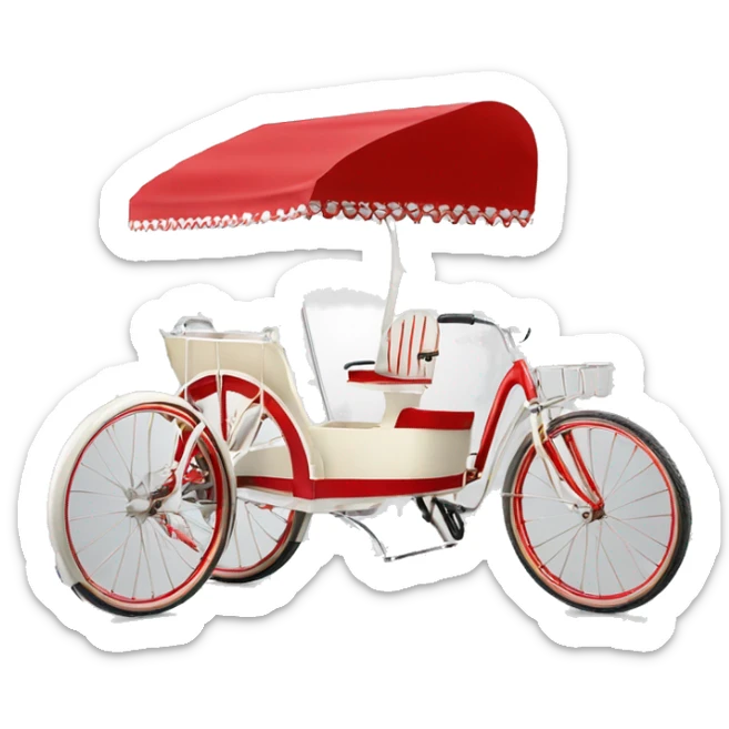 un tricycle vente crème lacée de ouleur blanc et rouge avec un canopy avc es bands rouge et blanc sticker