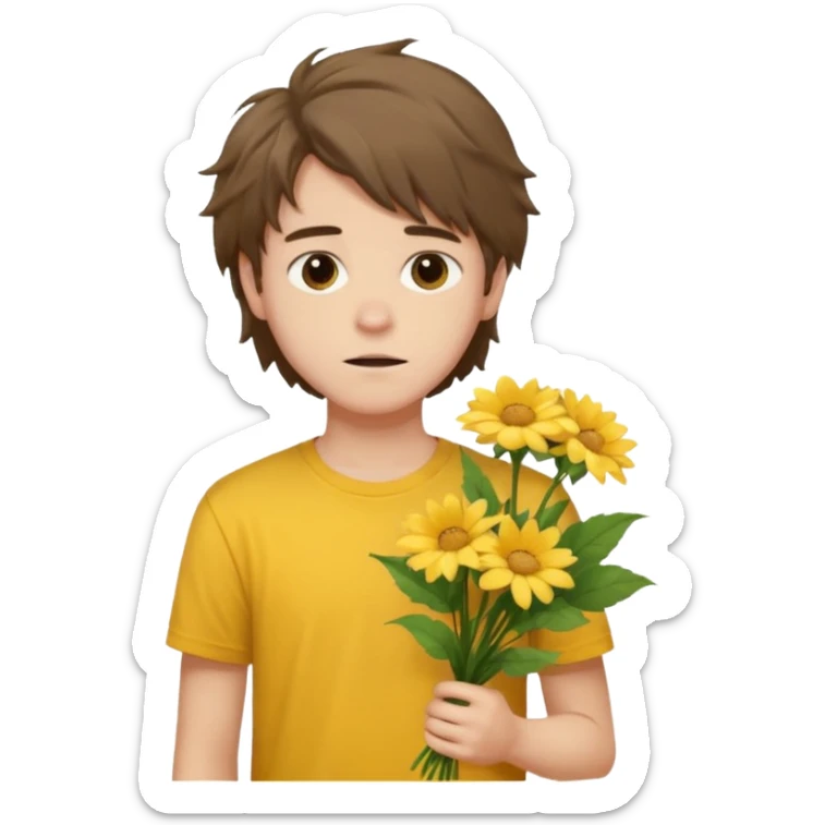 generate an ios genmoji of a 20 year old fair boy with brown long and messy hair with faint upper lip hair - visible (brown). should look like he cant grow a mustache., carrying a flower bouquet, wearing a yellow tshirt, looking shy sticker