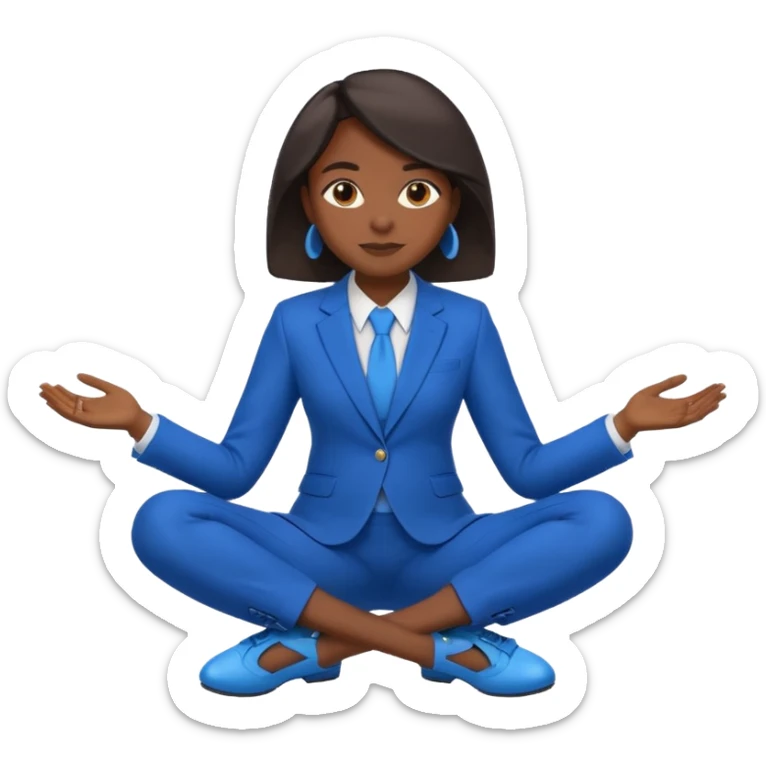 black woman in a blue smart suit and shoes, sitting cross-legged, relaxed and confident, emoji style sticker