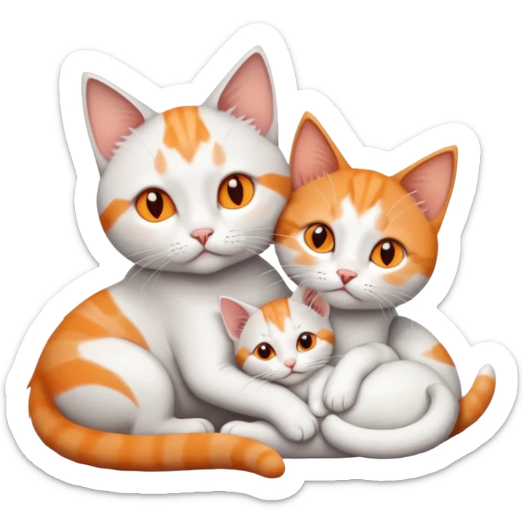 full body of a grey and white cat cuddling a very small + skinny ginger and white kitten with deep orange eyes and triangular shaped face lying down sticker
