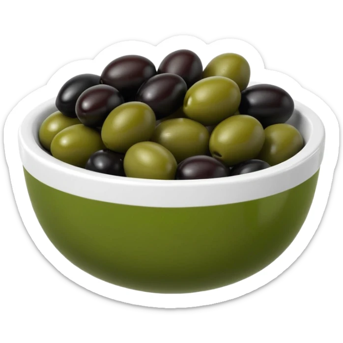 olives object icon, black and green olives in a small bowl, glossy look, 3D cartoon, mobile game icon style, clean background, no text, no watermark
 sticker