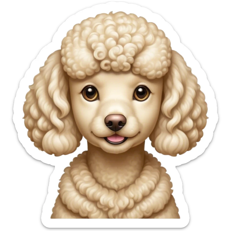 Cinematic Noble Cream Poodle Portrait Emoji, Poised and regal, with a refined, elegant build and a meticulously groomed, curly cream Fur, deep-set soulful warm eyes, Simplified yet sharp and sophisticated features, highly detailed, glowing with a soft, dignified glow, high shine, intelligent and graceful, stylized with an air of sophistication, focused and attentive, soft glowing outline, capturing the essence of a watchful and confident companion, so majestic it feels as though it could prance out of the screen with effortless authority! sticker
