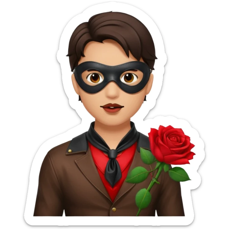 brunette young adult man with leather eye mask and leather halter neck blouse, holding rose with his mouth sticker