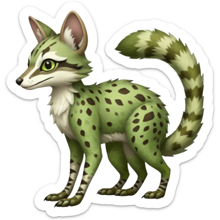 Feral Rare Fantasy   sage-green and moss-brown camouflage-speckled matte fur Vernid-Sergal-Genet-Trico-species by LiLaiRa, random markings, tufted tail, tufted ears, full body sticker