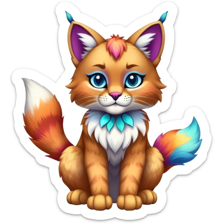 Vibrant multicolored Falvie-Fionbri-Bobcat-Caracal-creature-sparkle-feline-fursona, full body sticker