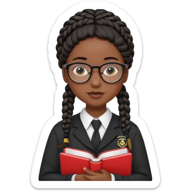 Girl student wearing uniform, glasses, hold book in front of their chest, black braided hair, dark skin sticker