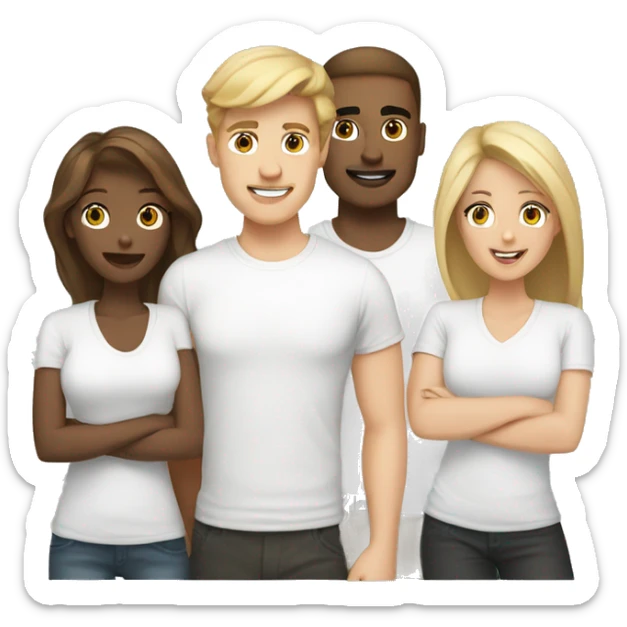 Digital team emoiji consisting of 2 women and 3 men. One blonde woman, one blond man, rest brown hair. All white in tshirts. sticker