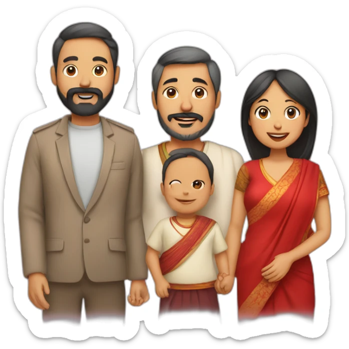 A family with Indian dad with beard and Chinese wife in red and 1 small baby sticker