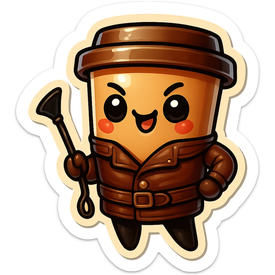 Tall coffee cup, dressed in leather holding a whipping crop, mischevious, sticker