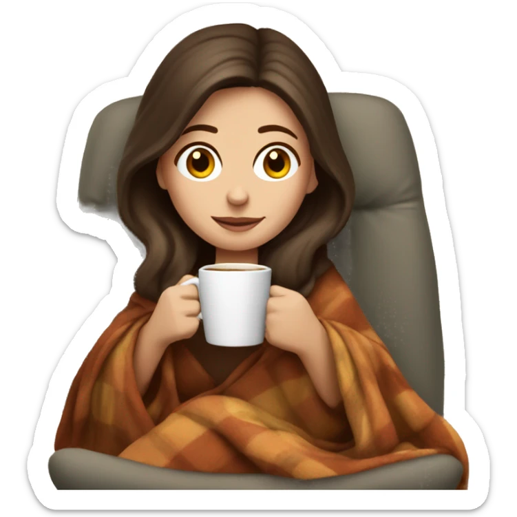 Brunette white girl covered in blanket autumn vibe sitting on a cozy chair holding coffee sticker