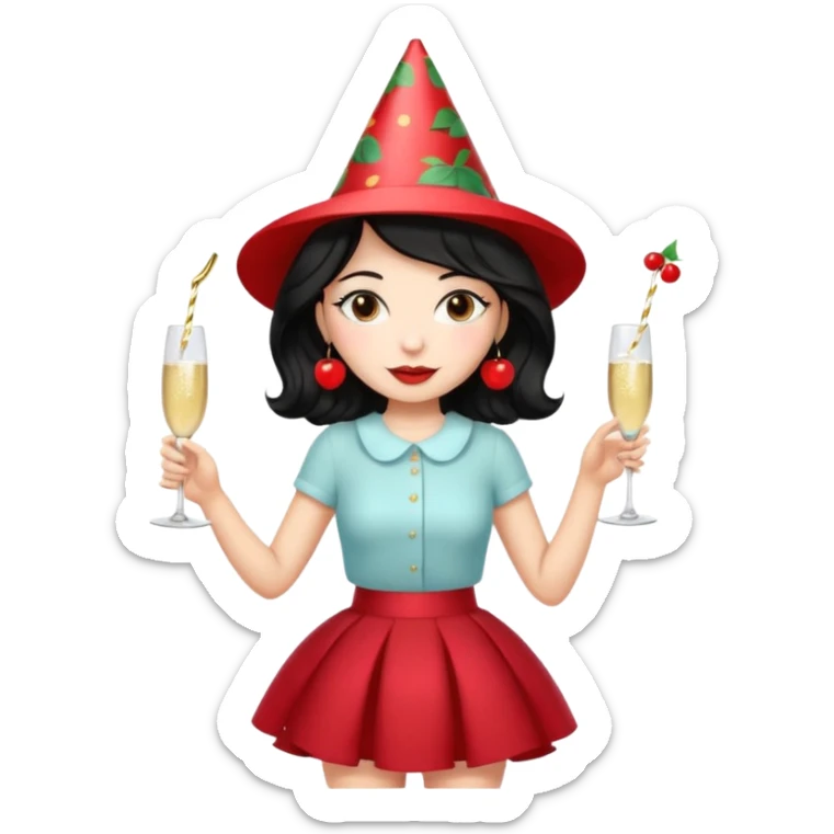 A woman with wavy black hair in a cherry skirt, beautiful and authoritative, drinking champagne sticker