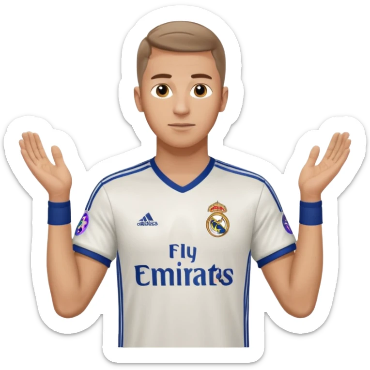 White male wearing Adidas Real Madrid jersey with Champions logo on sleeve sticker