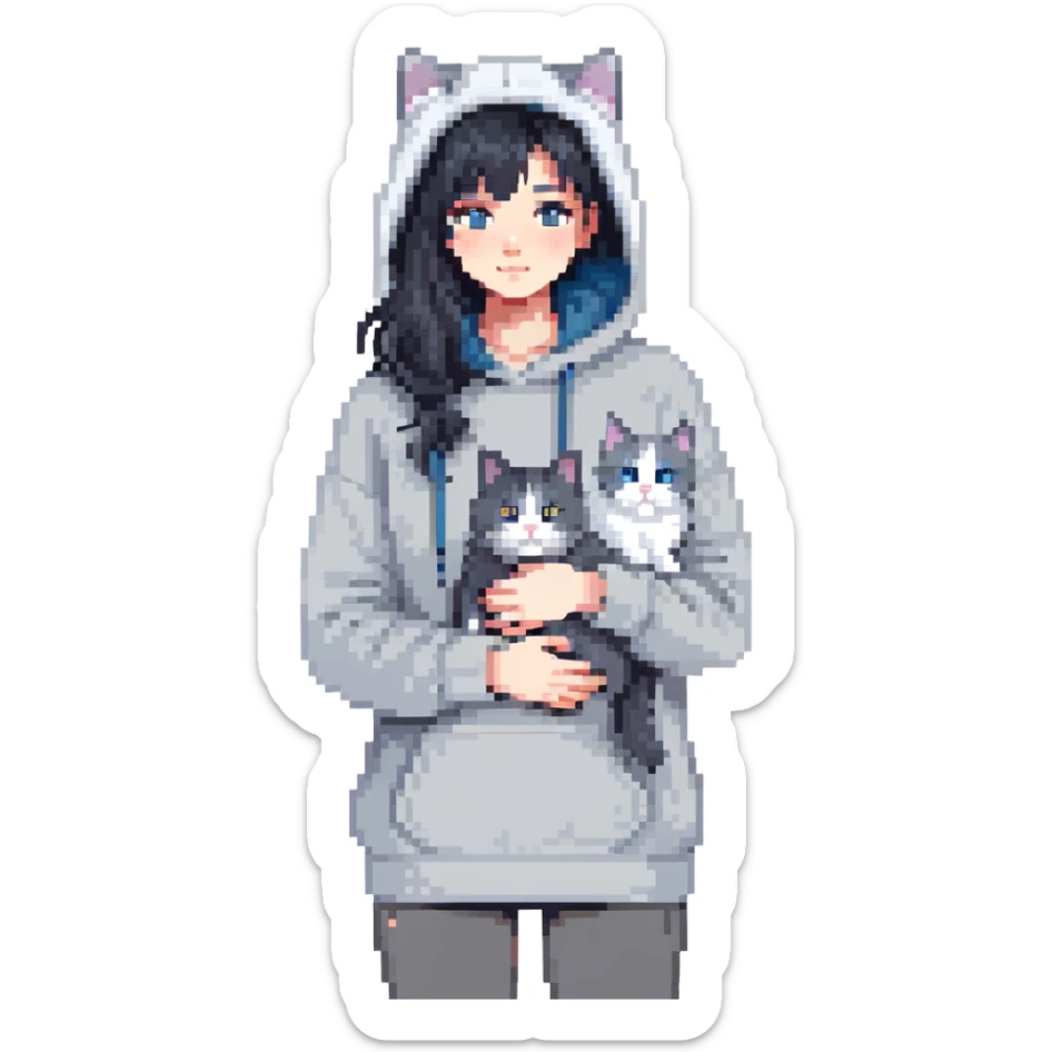 Girl with black hair in gray hoodie with a British shorthair blue and white cat and a long-haired blue and white cat sticker