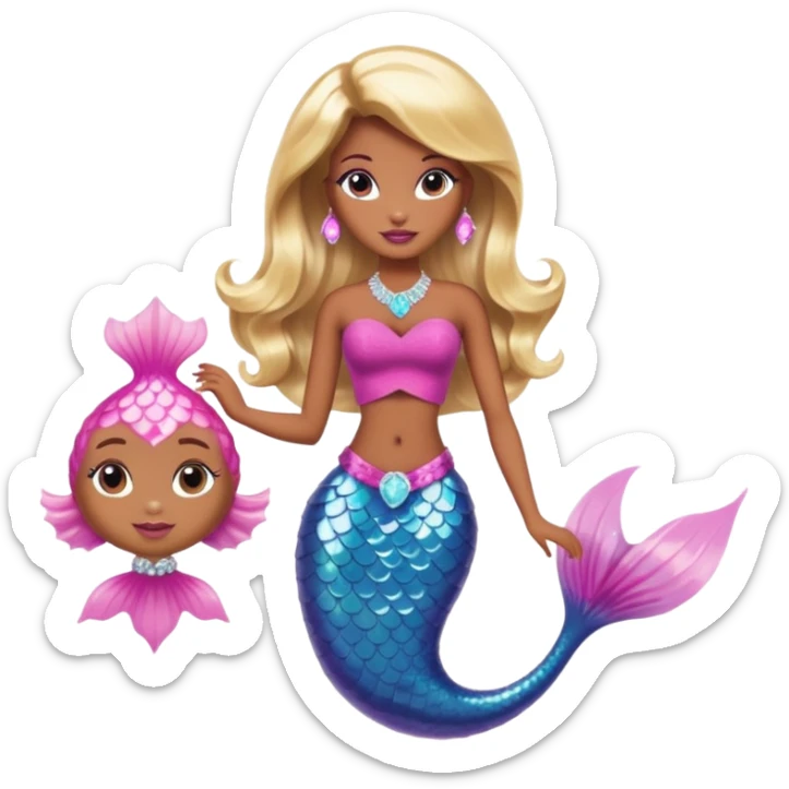 Brown skin blonde hair barbie mermaid with pink diamond tail  with pufferfish sticker