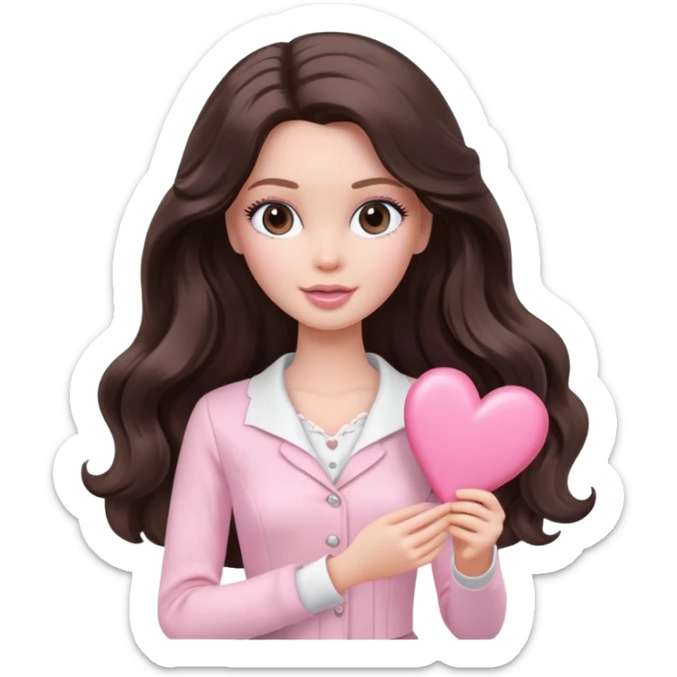 A white Barbie girl with long dark brown wavy hair in pale pink clothes holds pale pink heart sticker