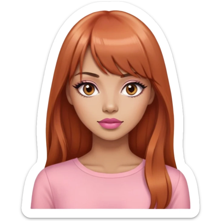 gorgeous woman, light tan skin, very long auburn hair, bangs, black eyes, peach lipstick, model, latina, asian, mixed, pink top sticker