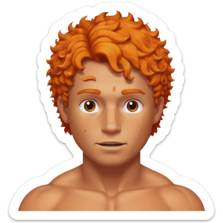 A shirtless muscular White man, with curly Orange short hair, táper Fade cut And FreCles on the face sticker