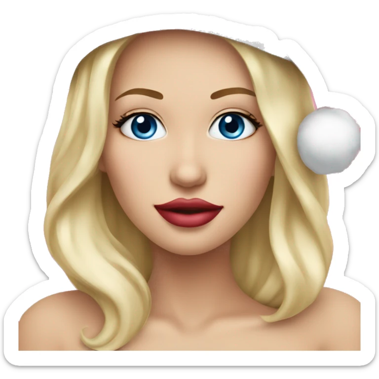 Beautiful blonde blue eyed woman, pink lips, wearing red santa hat sticker