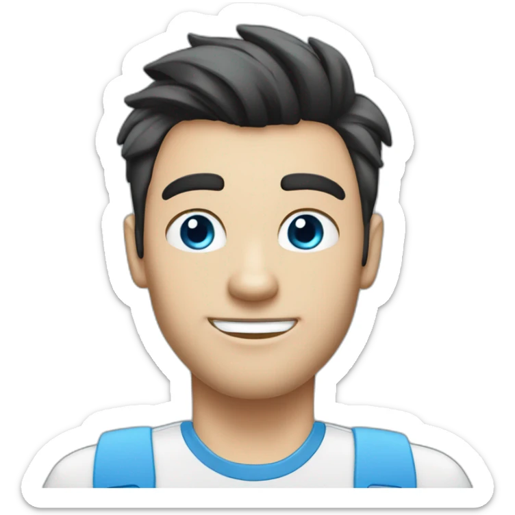 a guy with dark hair pompadour style white skin blue eyes behind a msi laptop sticker