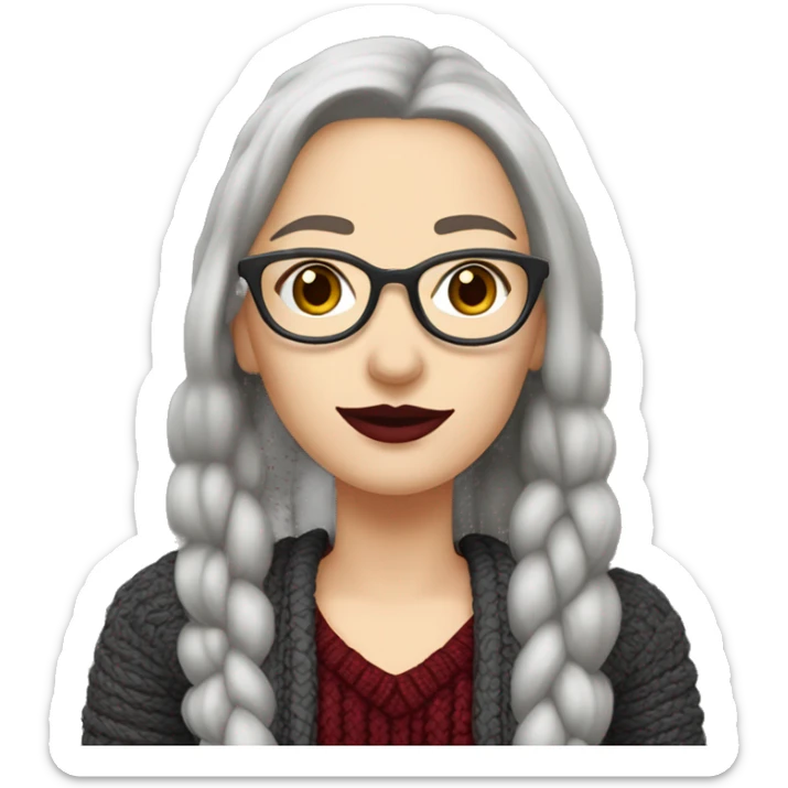 Attractive Caucasian woman with long straight grey hair worn in a braid, wearing wire frame glasses, dark red lipstick, and a sweater, she has a slightly upturned nose sticker