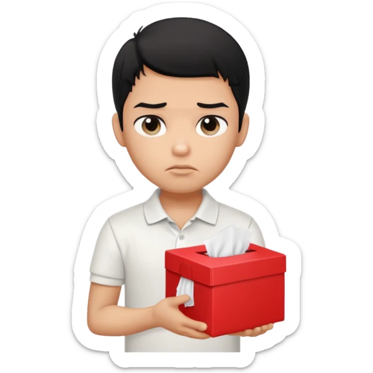 generate a pretty bratz boy with black hair, wearing a white polo shirt. Looking sad, holding a box of tissues sticker