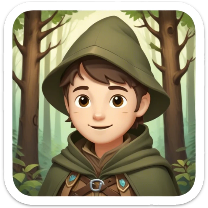 Clash of Clans aesthetic Playful Ranger Portrait Emoji, Head tilted with a friendly, mischievous smile and bright, curious eyes, featuring a compact, nimble build outfitted in rugged, earthy gear and a stylish cloak, his natural skin tone adding authenticity, Simplified yet irresistibly charming features, highly detailed, glowing with a warm, inviting forest glow, high shine, spirited and lively, stylized with an air of whimsical woodland adventure, soft glowing outline, capturing the essence of a playful ranger exuding friendly natural charm! sticker