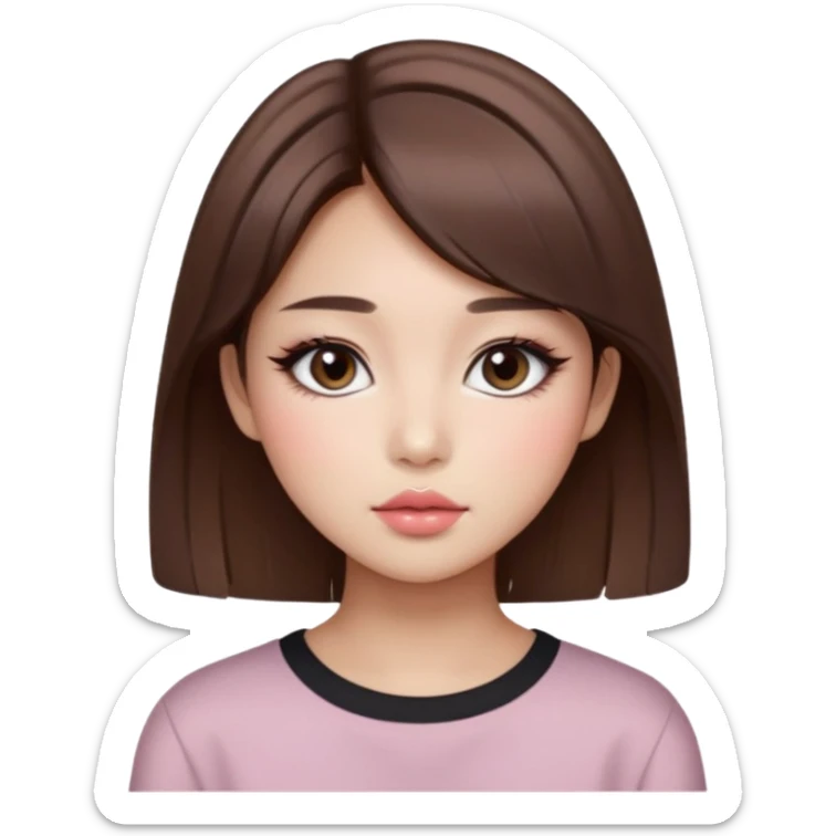 “korean straight brown hair Emoji girl, soft eyeliner and blush, gradient lips, light brown shimmer eyeshadow sticker