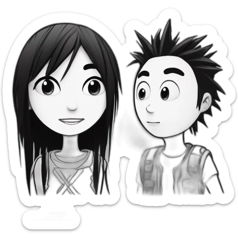 a dog and a girl with black spiky hair looking at each other in style of ((sarah andersen)), black and white,sarah andersen,cartoon,drawn,sketch sticker