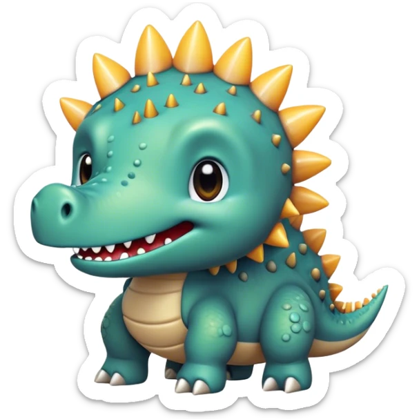 Cinematic Cute Stegosaurus Portrait Emoji, Head tilted playfully with a cheeky grin, featuring a charming, low-profile body with iconic, rounded bony plates and a spiky tail, a small head with sparkling, curious eyes, Simplified yet irresistibly adorable features, highly detailed, glowing with a warm, inviting earthy glow, high shine, affectionate and spirited, stylized with a touch of whimsical prehistoric charm, soft glowing outline, capturing the essence of a mischievous yet endearing Stegosaurus that seems as if it could waddle out of the screen into your arms! sticker
