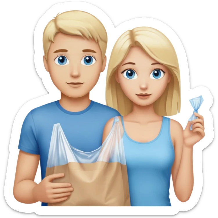 Blonde guy with blue eyes and blonde girl with brown eyes holding a plastic bag sticker