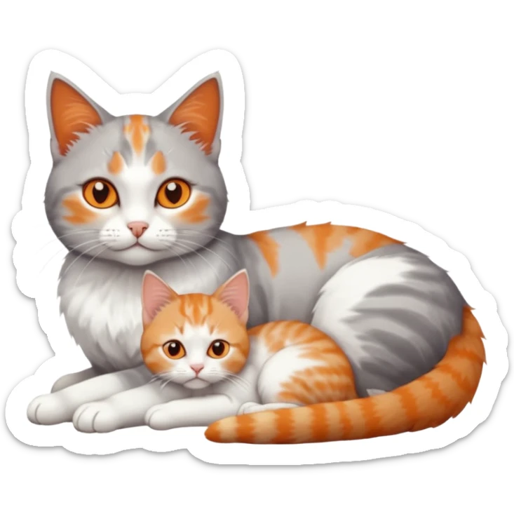 full body of a grey and white cat cuddling a very small + skinny ginger and white kitten with deep orange eyes and triangular shaped face lying down sticker