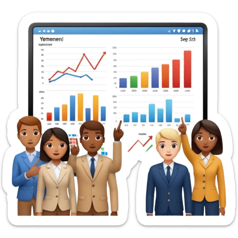 group of people pointing at a digital presentation screnn full of charts and graphs sticker