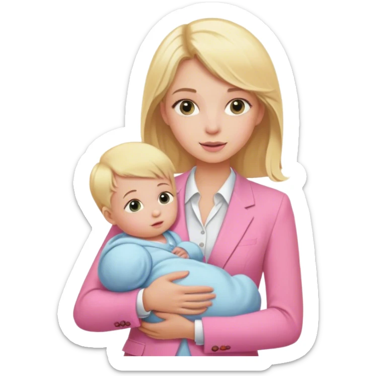 Blond girl pink suit with baby sticker
