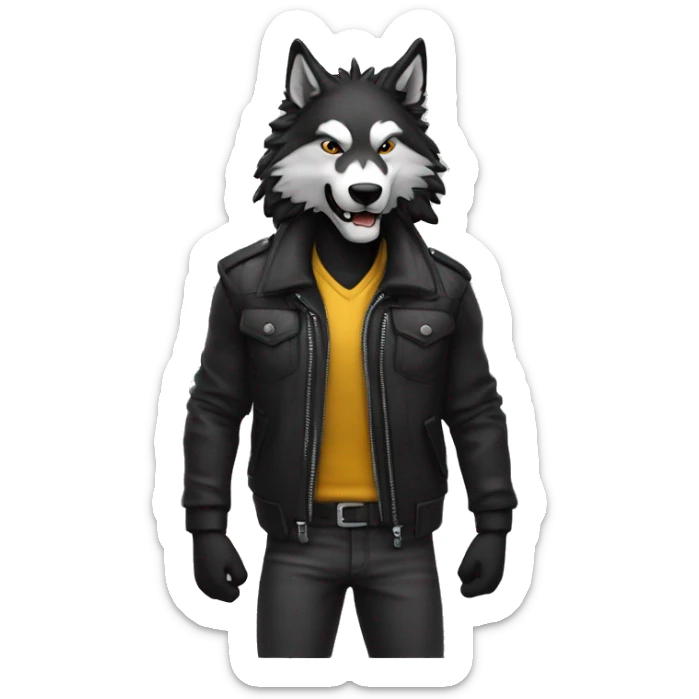 lobo con cuerpo de humano, usando chaqueta negra y haciendo gestos con las manos sticker