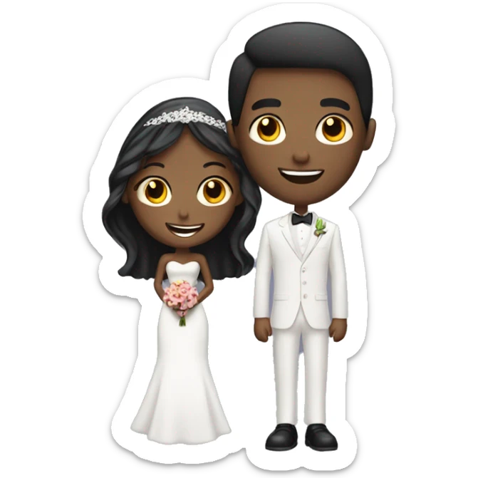 African Groom and bride. Tall Groom. Short bride. Black hair. Looking at each other. Smiling. Mouth closed. Up close. sticker