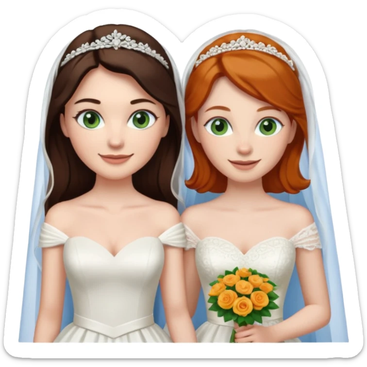 A tall, pale woman with very dark brown hair and green eyes marrying a shorter ginger woman with blue eyes, both in wedding dresses. sticker