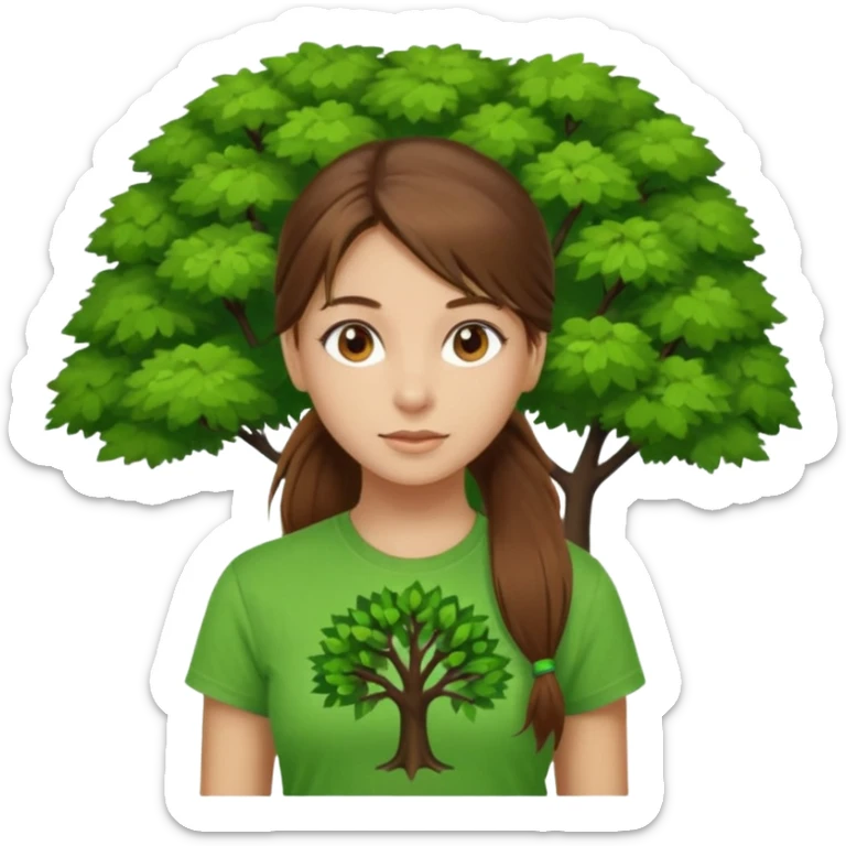 Make a zumba coach emoji, brown eyes, brown hair girl, long ponytail,green t shirt with a tree logo on It sticker