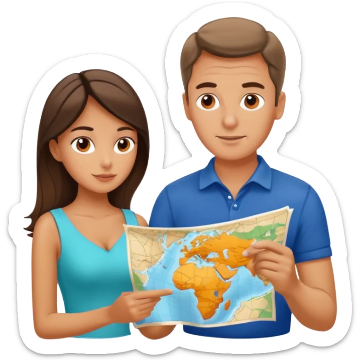 Russian man and elegant Spanish girl in vacation outfits with a map planning  sticker