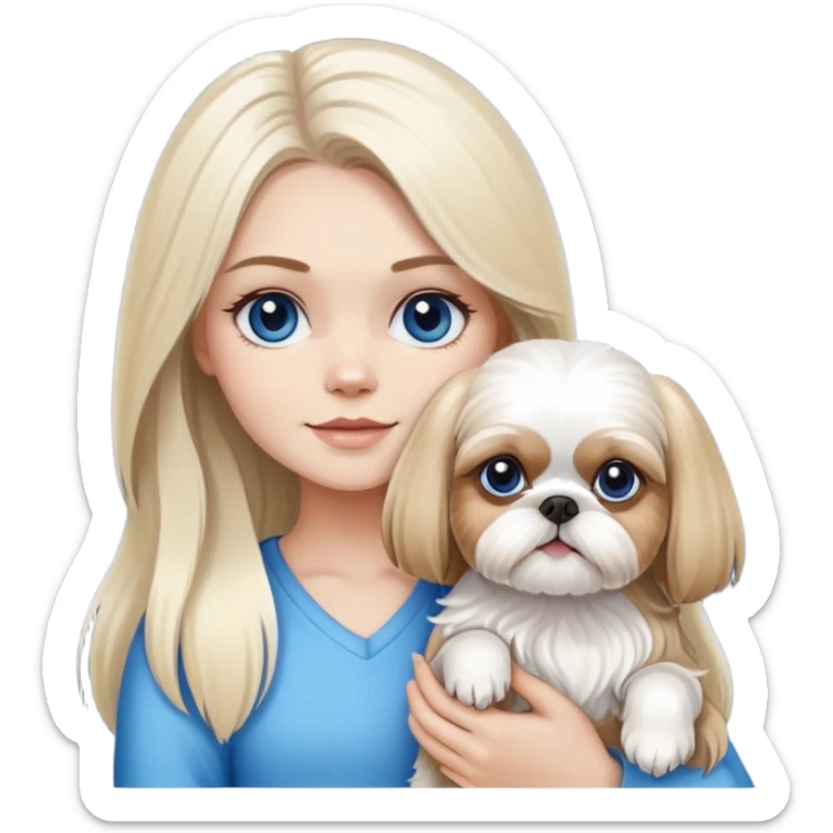 White blond girl with long hair and blue eyes holding a small female shih tzu dog sticker