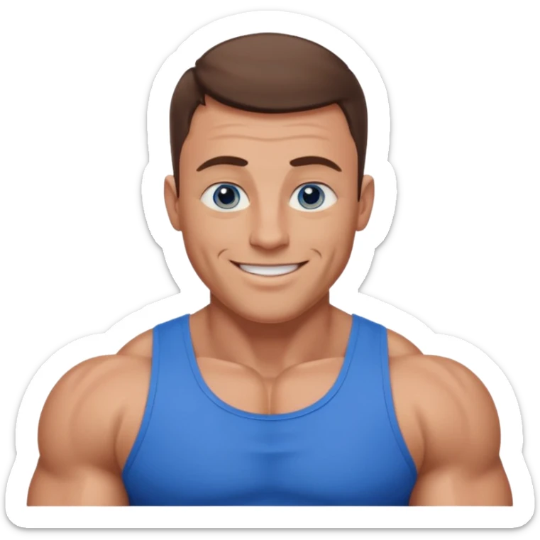dad with very short shaved brown hair and blue eyes emoji with big muscles sticker