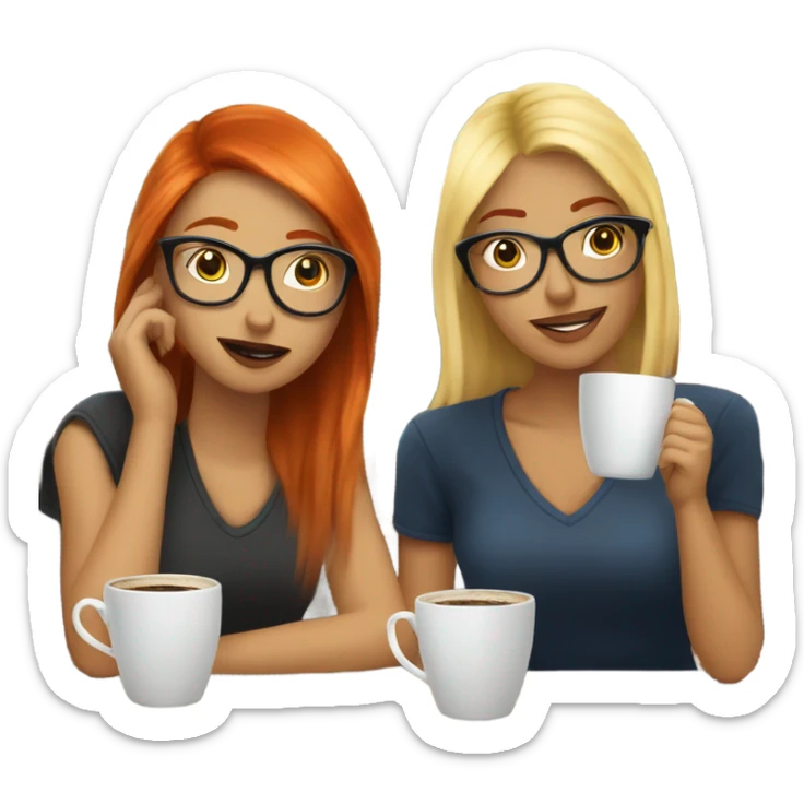 Two girl friends one blonde in glasses and one red headed sitting in the coffee house drinking coffee sticker
