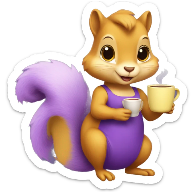 purple squirrel in a yellow dress with a mug of coffee in its paws sticker