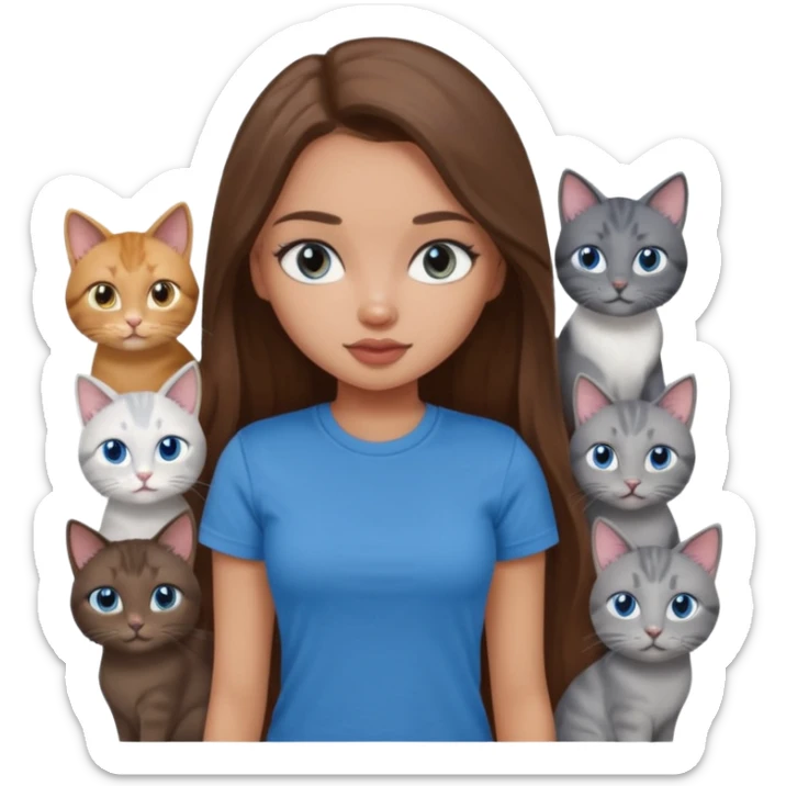 a pretty bratz dusky light skin girl with long brown hair, blue eyes with six cats nd wearing a grey tshirt sticker