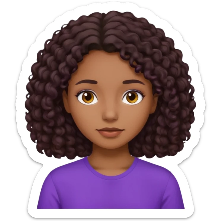 girl with brown skin, dark curly brown hair shoulder length and purple shirt sticker