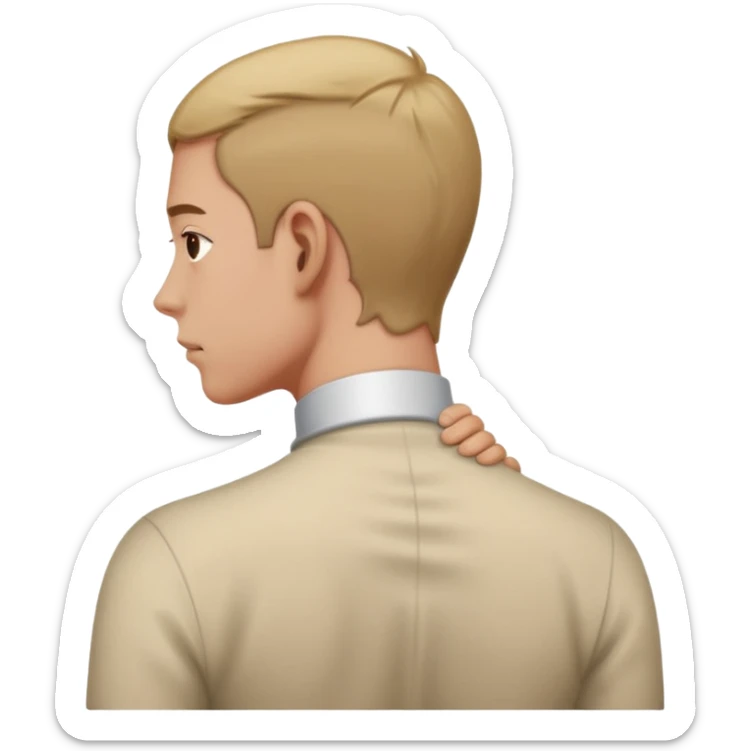 person with strain in the back of their neck. One hand holding the back of the neck sticker