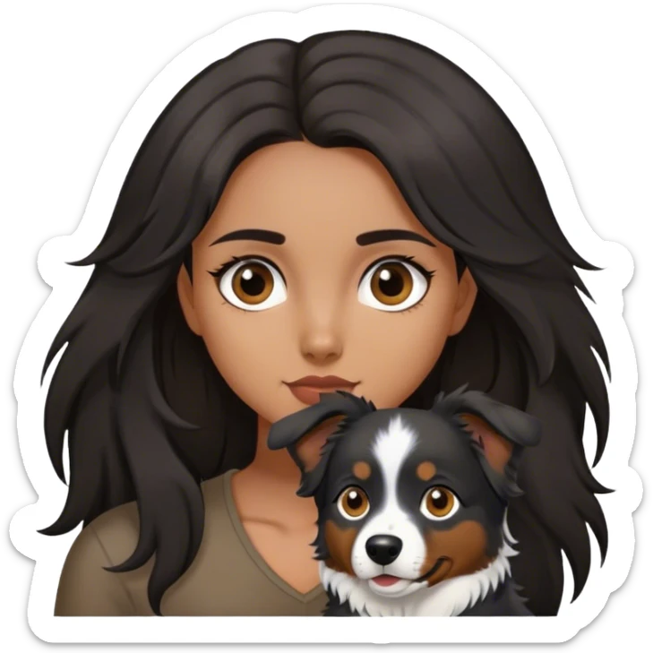 latina girl with long dark hair and dark brown eyes with a black tri Australian shepherd sticker