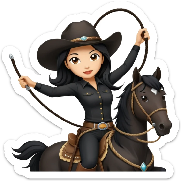 confident Asian woman with long black hair wearing black outfit riding a horse cowgirl style with a lasso sticker